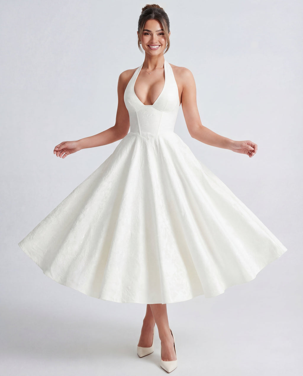 Halterneck Textured Jacquard Midi Dress for Evening Events