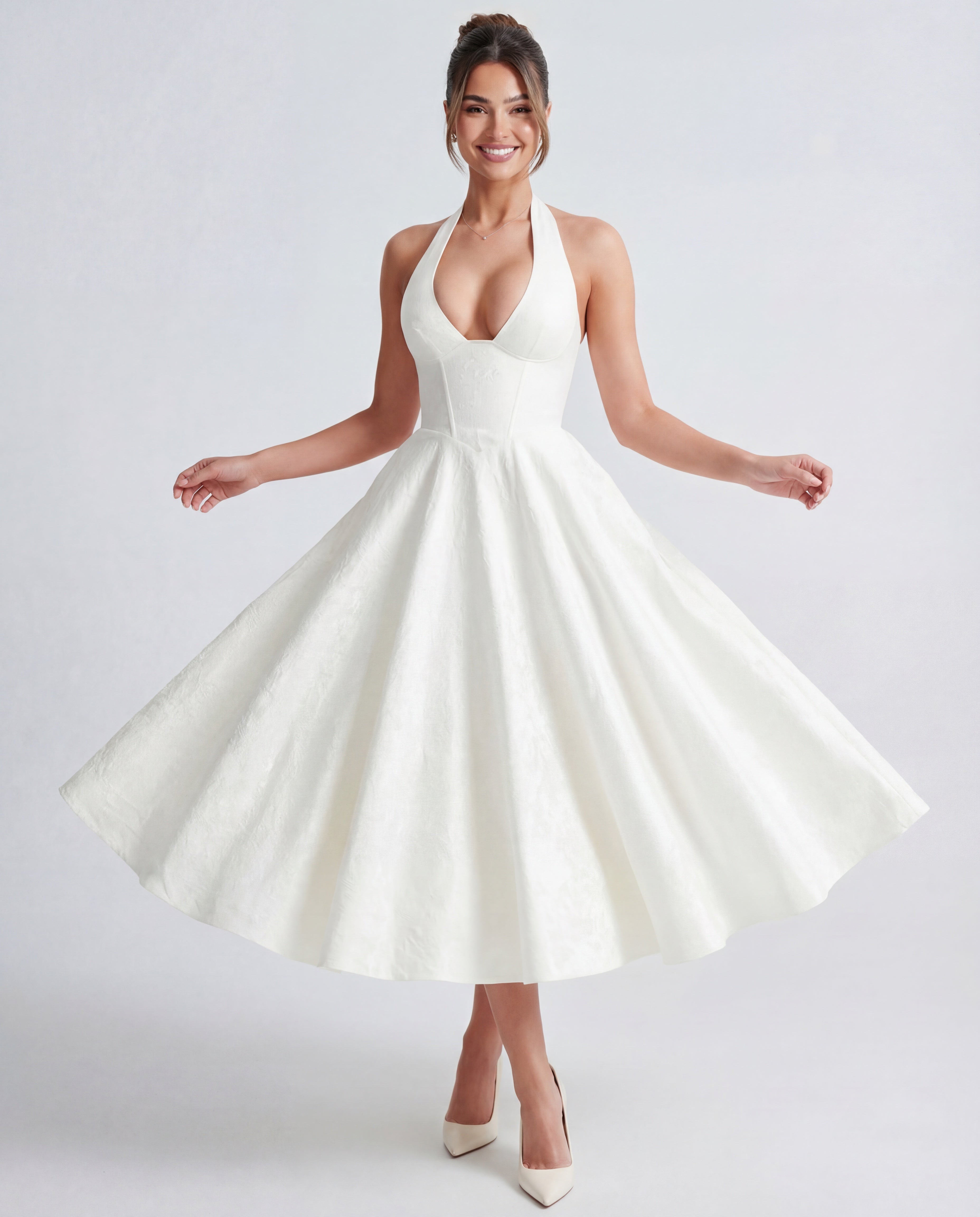 Halterneck Textured Jacquard Midi Dress for Evening Events