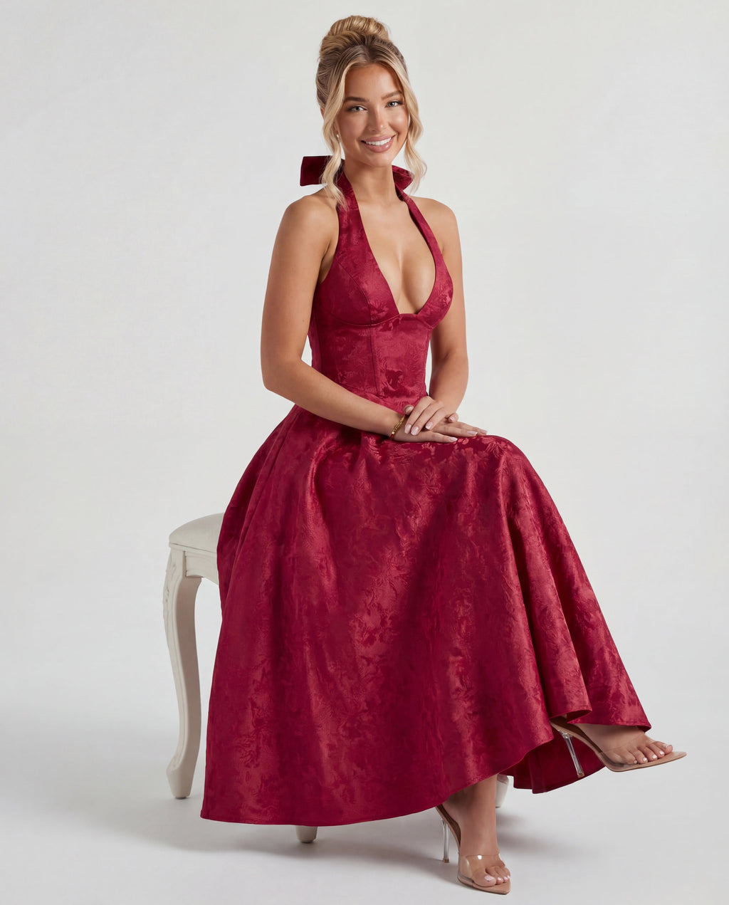 Halterneck Textured Jacquard Midi Dress for Evening Events