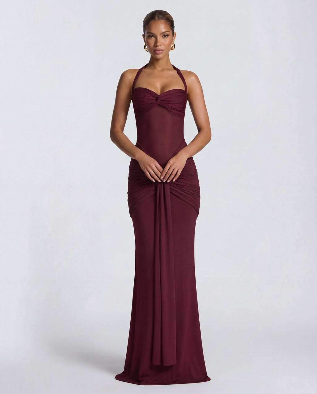 Twisted Bust Sheer Mesh Maxi Dress - Elegant Evening Wear for Special Occasions