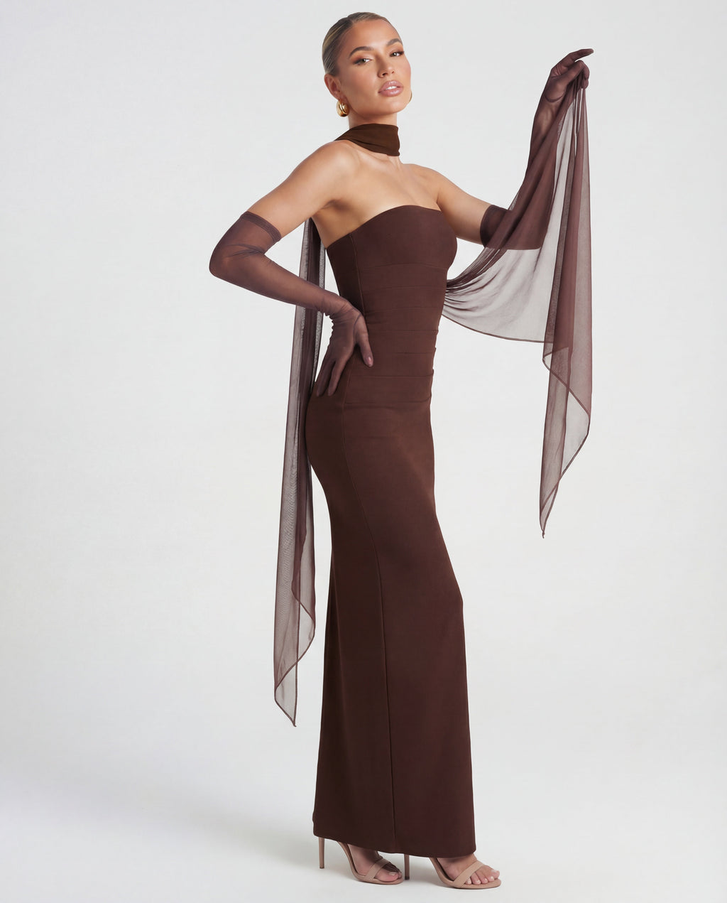 Strapless Maxi Dress with Removable Mesh Scarf - Sculpting Evening Wear