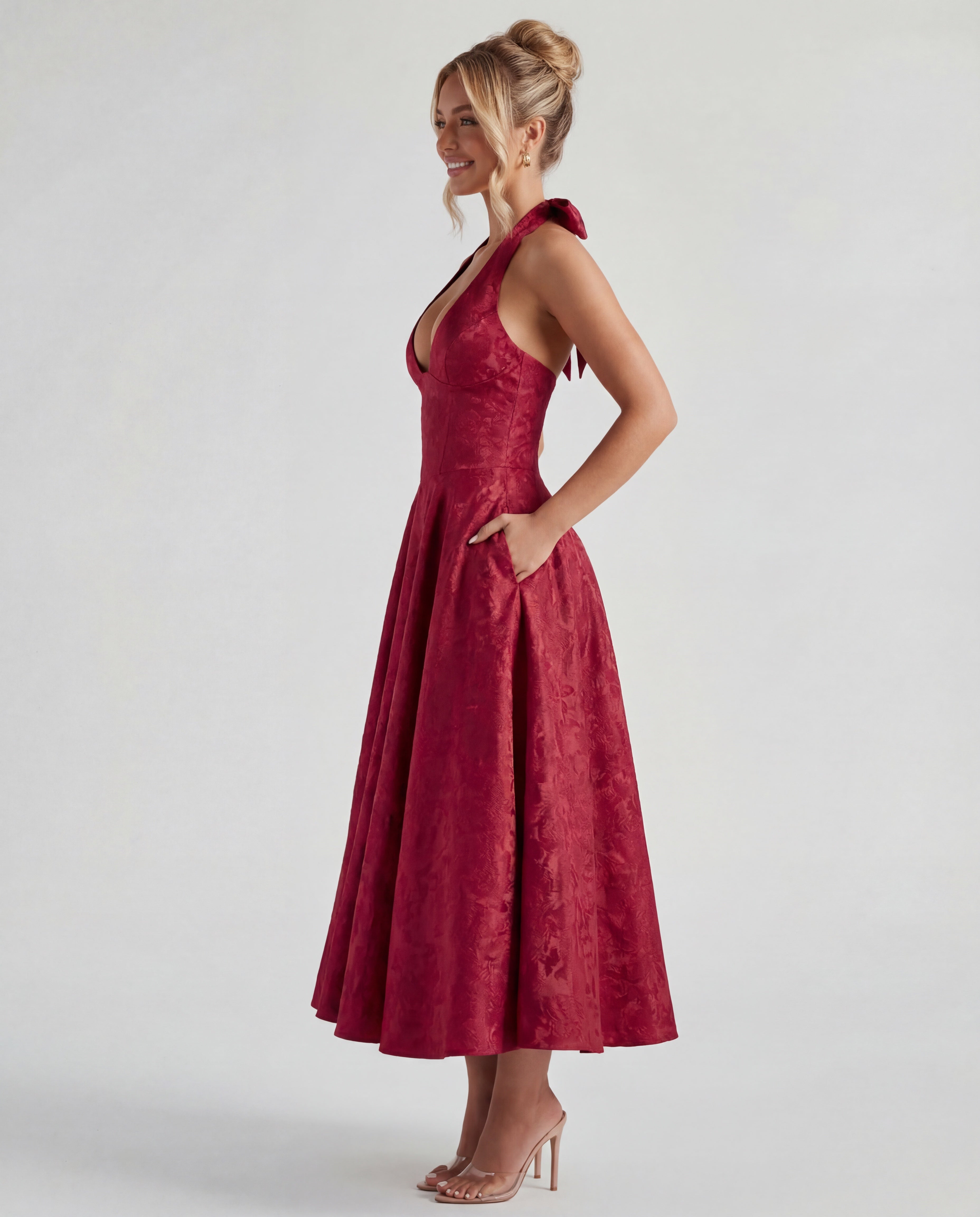 Halterneck Textured Jacquard Midi Dress for Evening Events