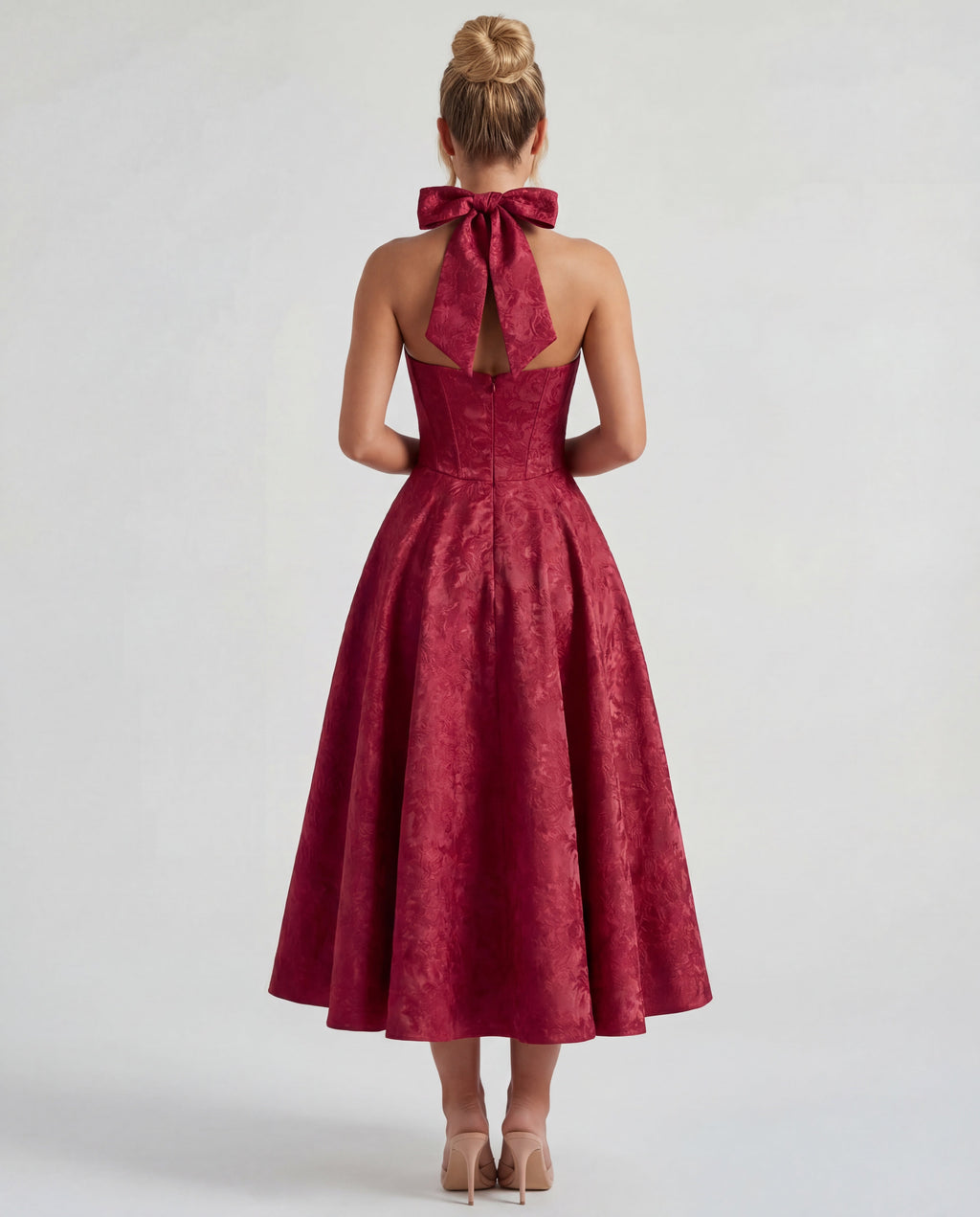 Halterneck Textured Jacquard Midi Dress for Evening Events
