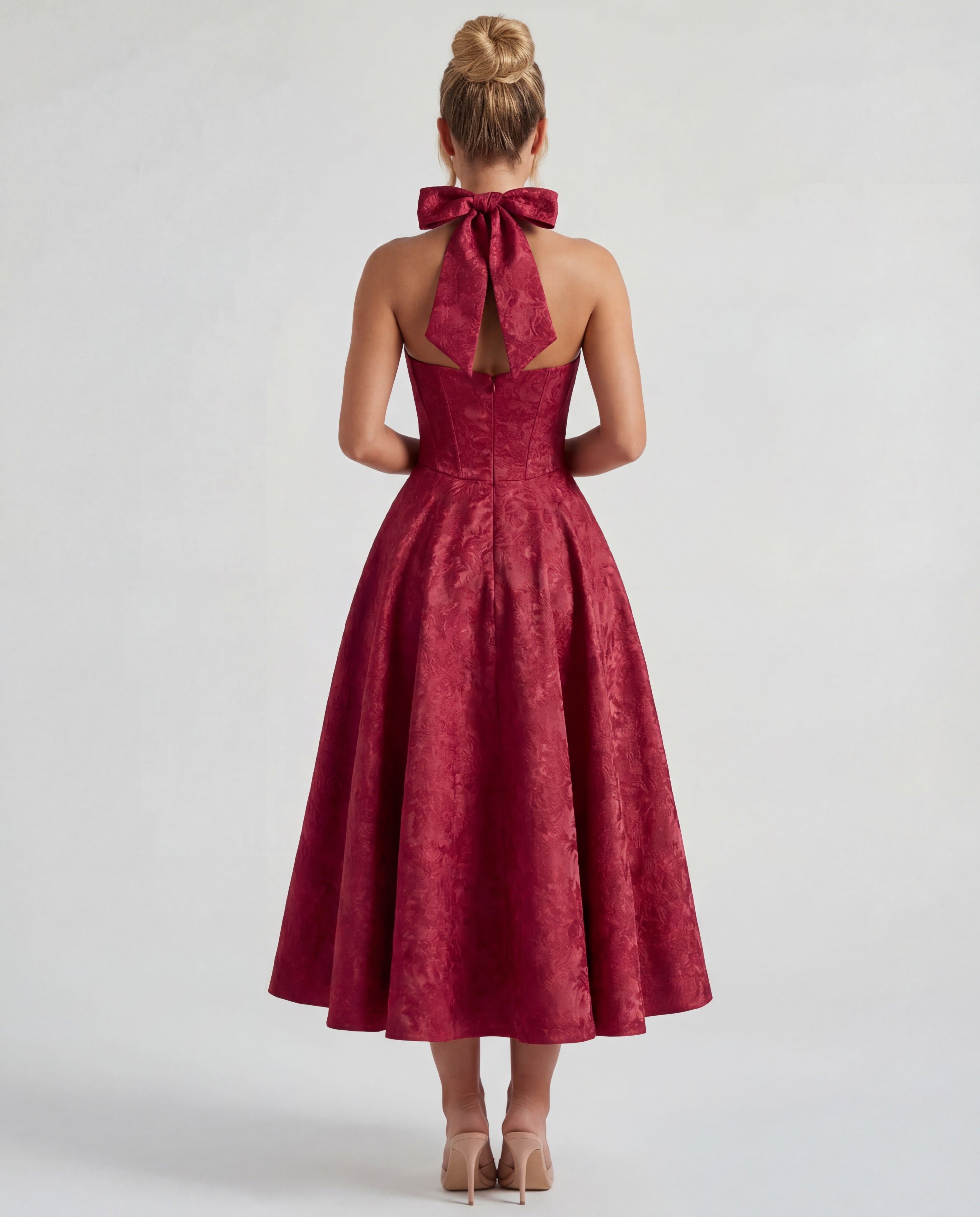 Halterneck Textured Jacquard Midi Dress for Evening Events