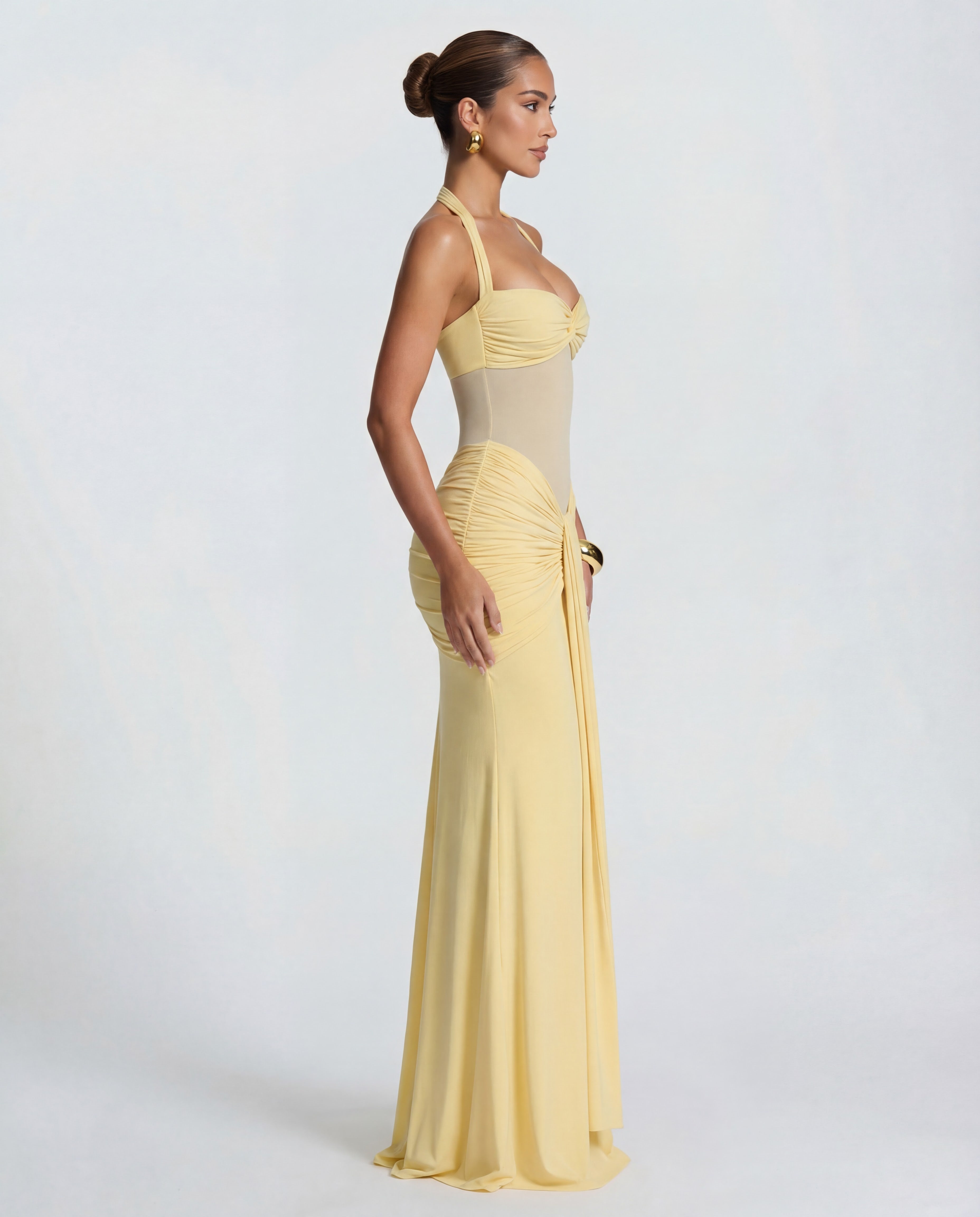 Twisted Bust Sheer Mesh Maxi Dress - Elegant Evening Wear for Special Occasions
