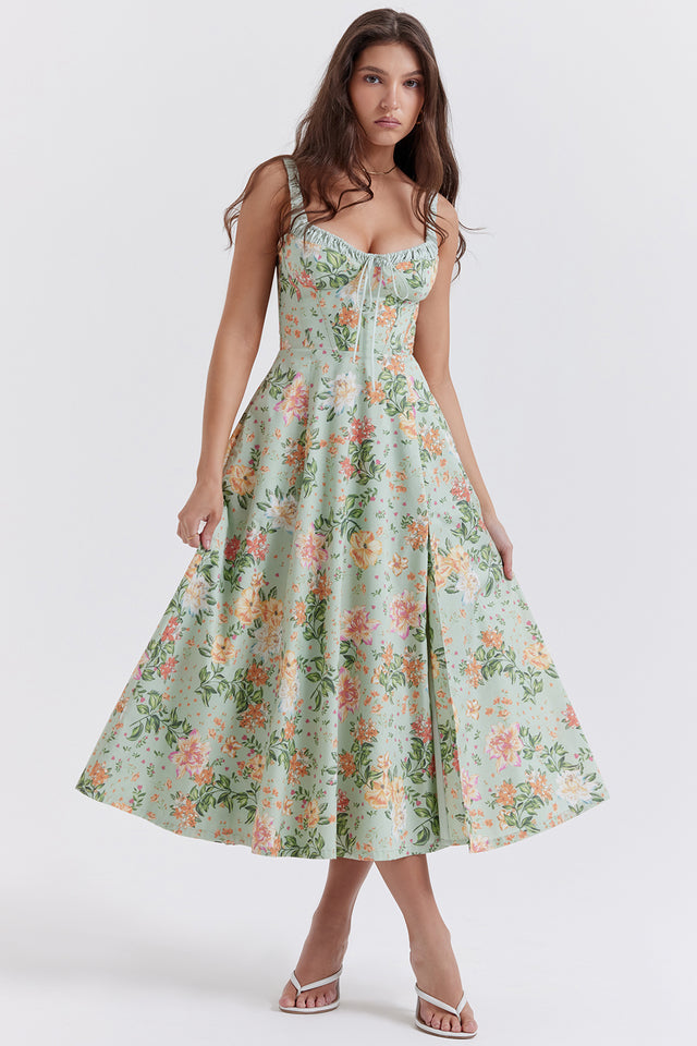 Floral Split Midi Dress | Stretch Fabric | Romantic Spring Sundress