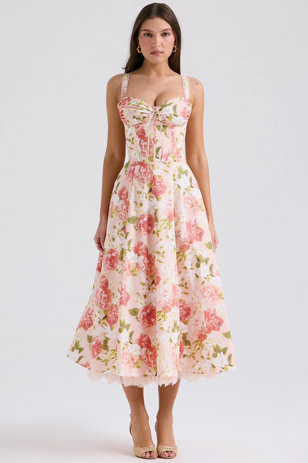 Floral Stretch Cotton Midi Dress with Corseted Bustier for Casual Wear