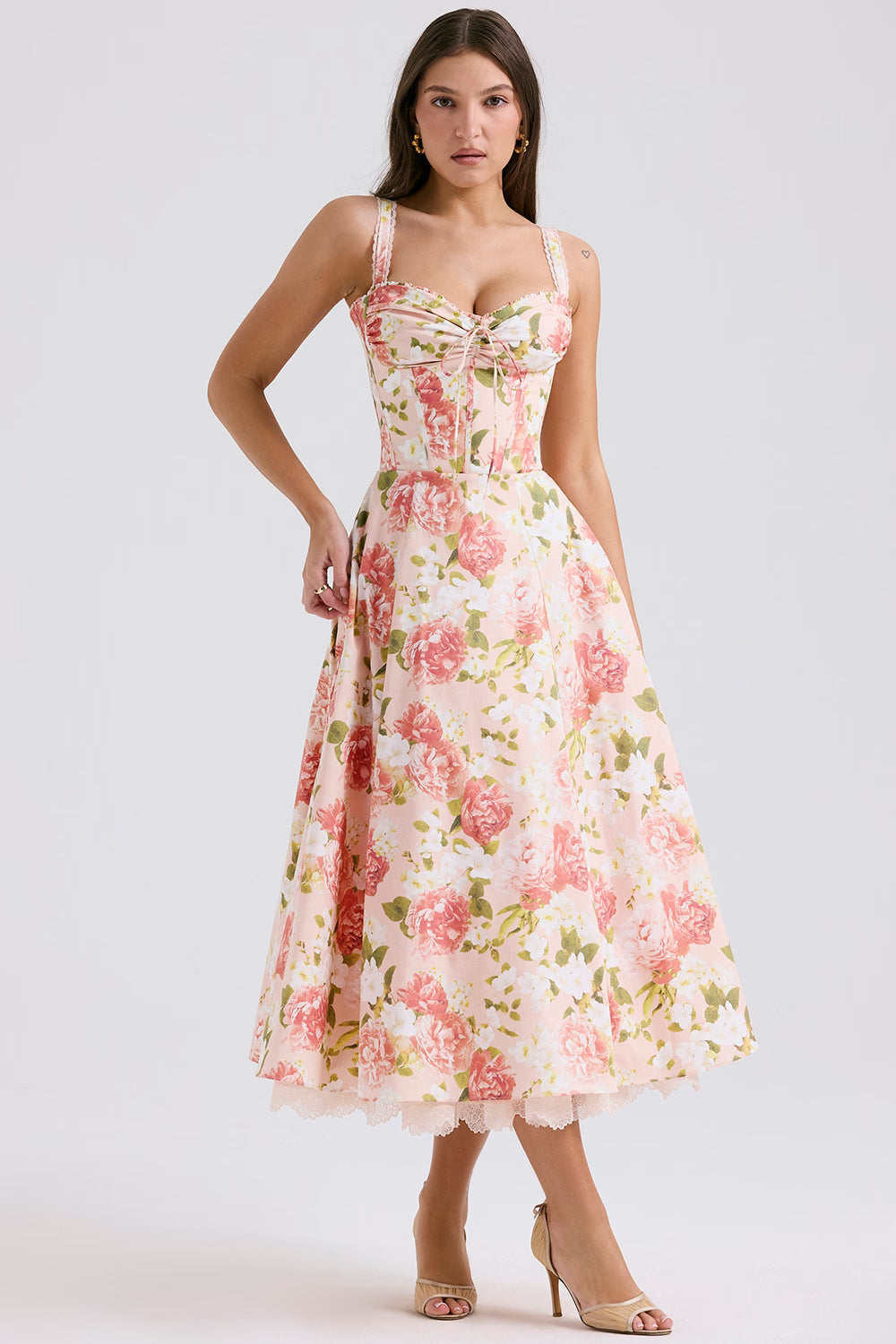 Floral Stretch Cotton Midi Dress with Corseted Bustier for Casual Wear