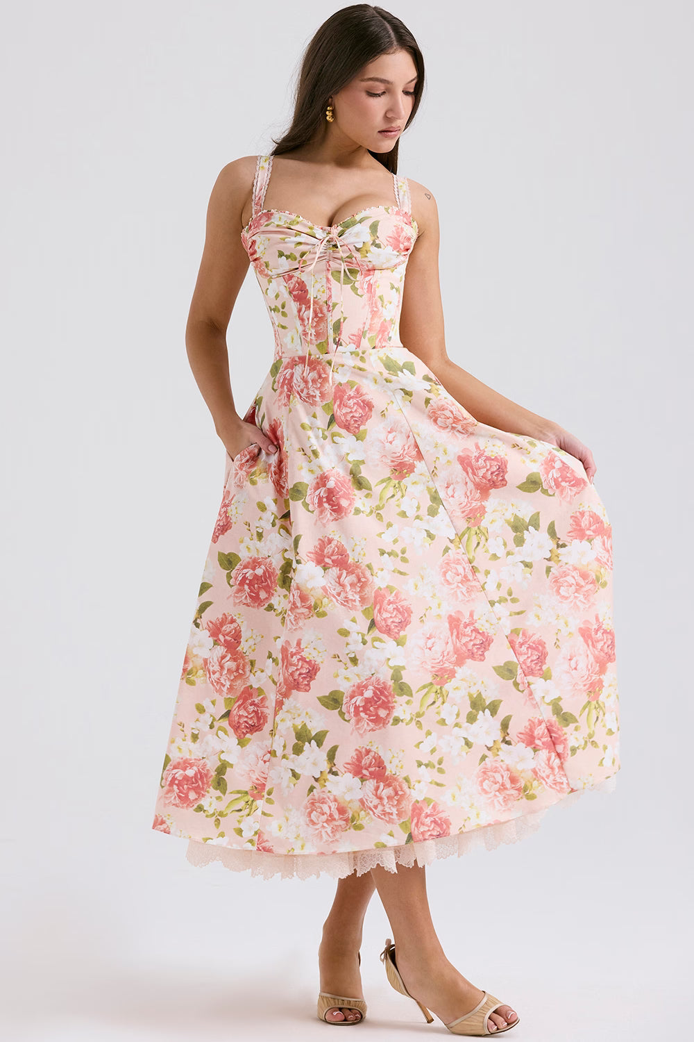 Floral Stretch Cotton Midi Dress with Corseted Bustier for Casual Wear