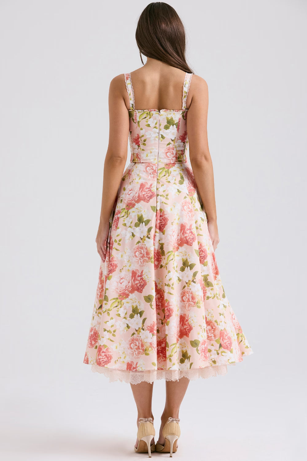 Floral Stretch Cotton Midi Dress with Corseted Bustier for Casual Wear