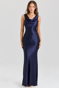 Sapphire Satin Cowl Neck Maxi Dress for Evening Events and Formal Occasions