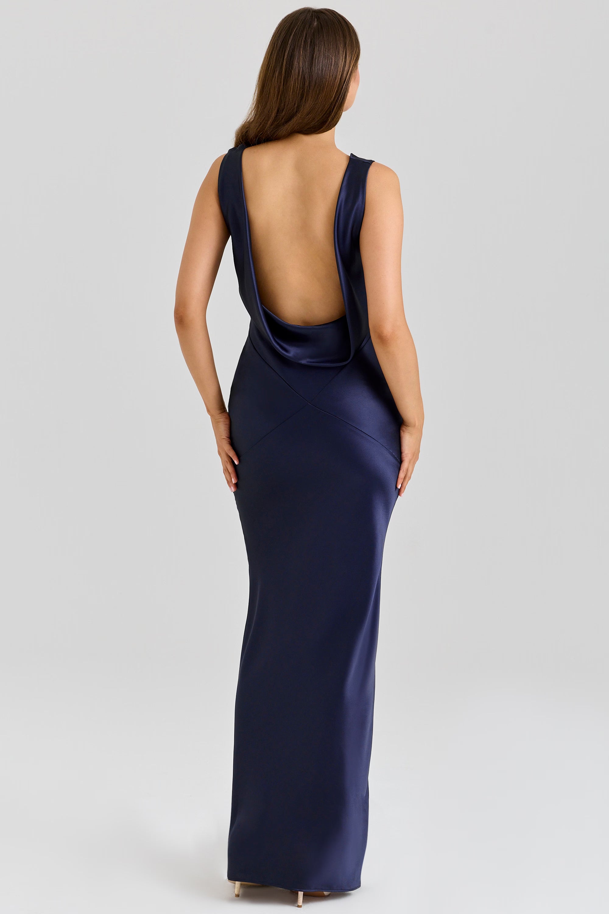 Deep Sapphire Satin Cowl Neck Maxi Dress for Evening Events and Formal Occasions