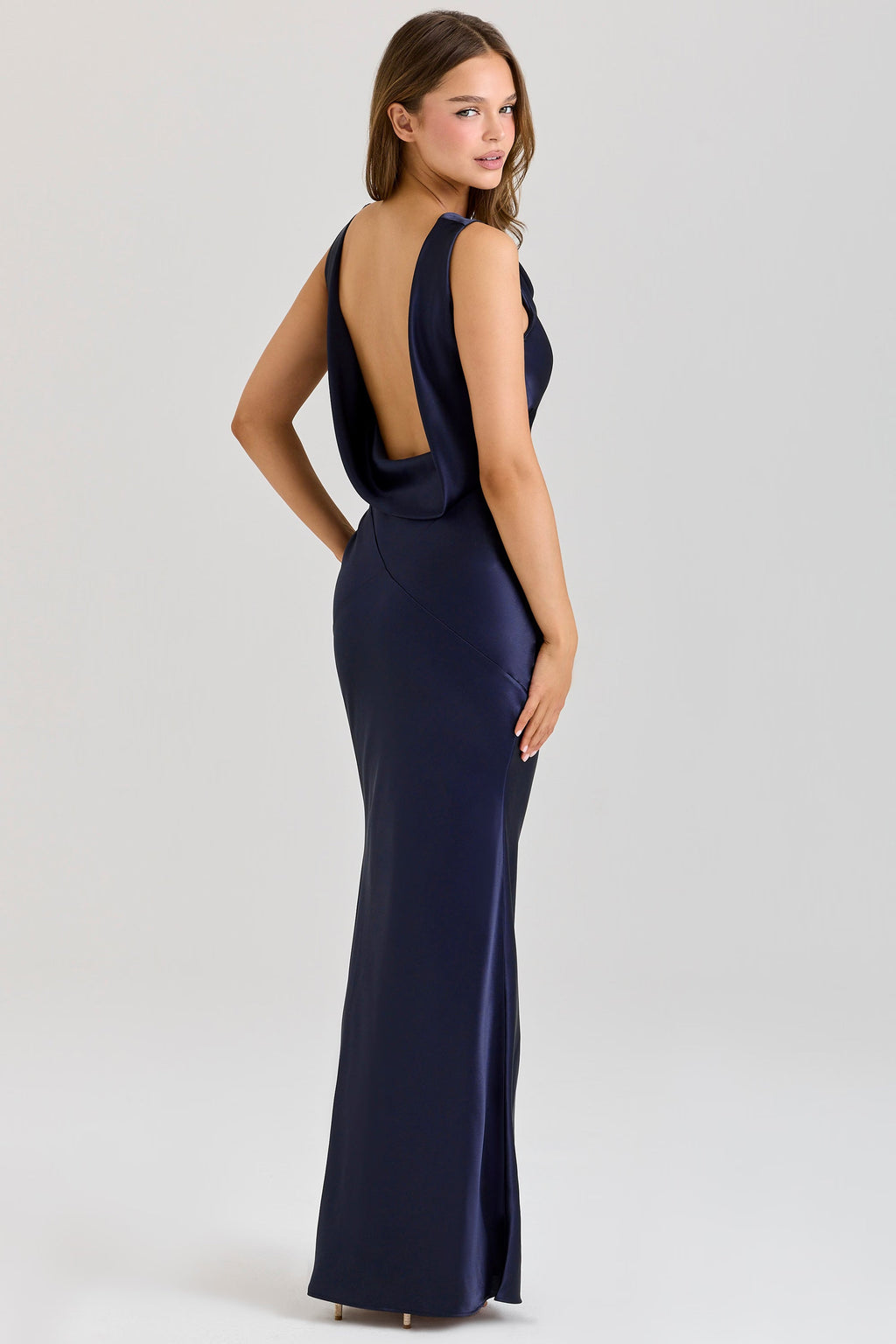 Deep Sapphire Satin Cowl Neck Maxi Dress for Evening Events and Formal Occasions
