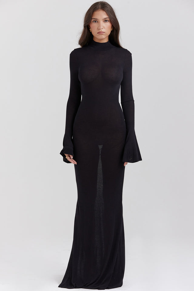 Black Knit Maxi Dress with Sheer Backless Design for Evening Wear