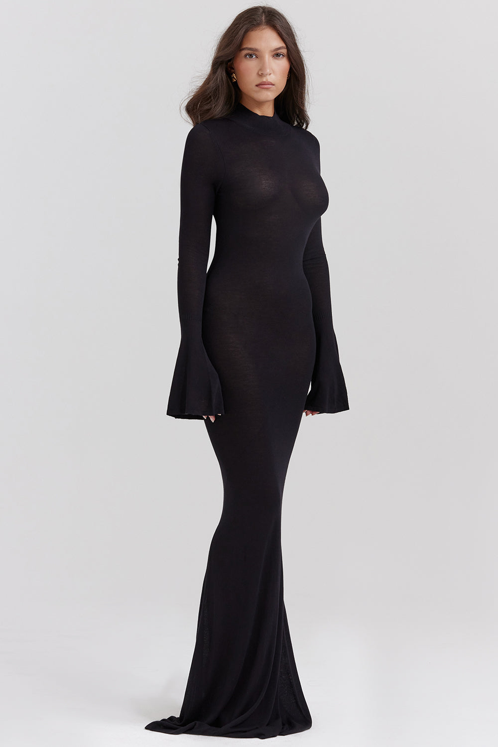 Black Knit Maxi Dress with Sheer Backless Design for Evening Wear