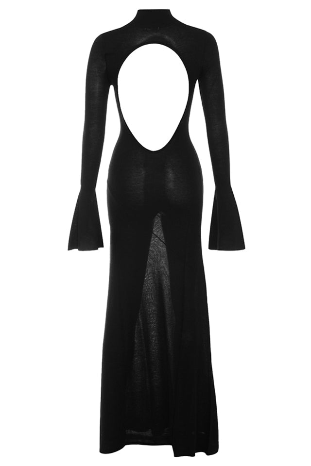 Black Knit Maxi Dress with Sheer Backless Design for Evening Wear
