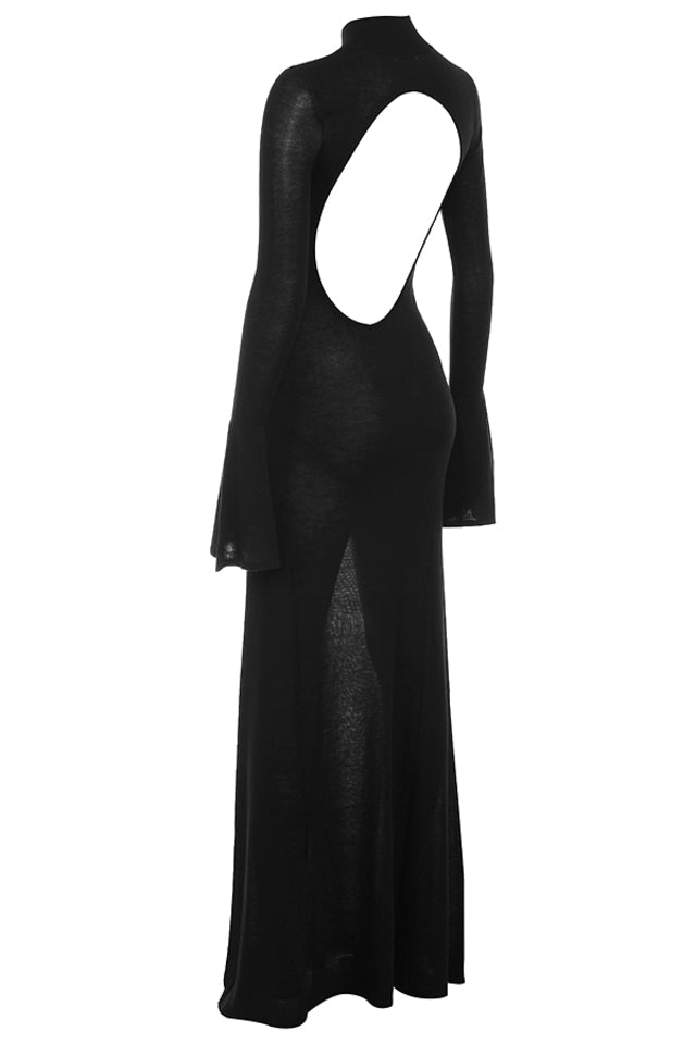 Black Knit Maxi Dress with Sheer Backless Design for Evening Wear