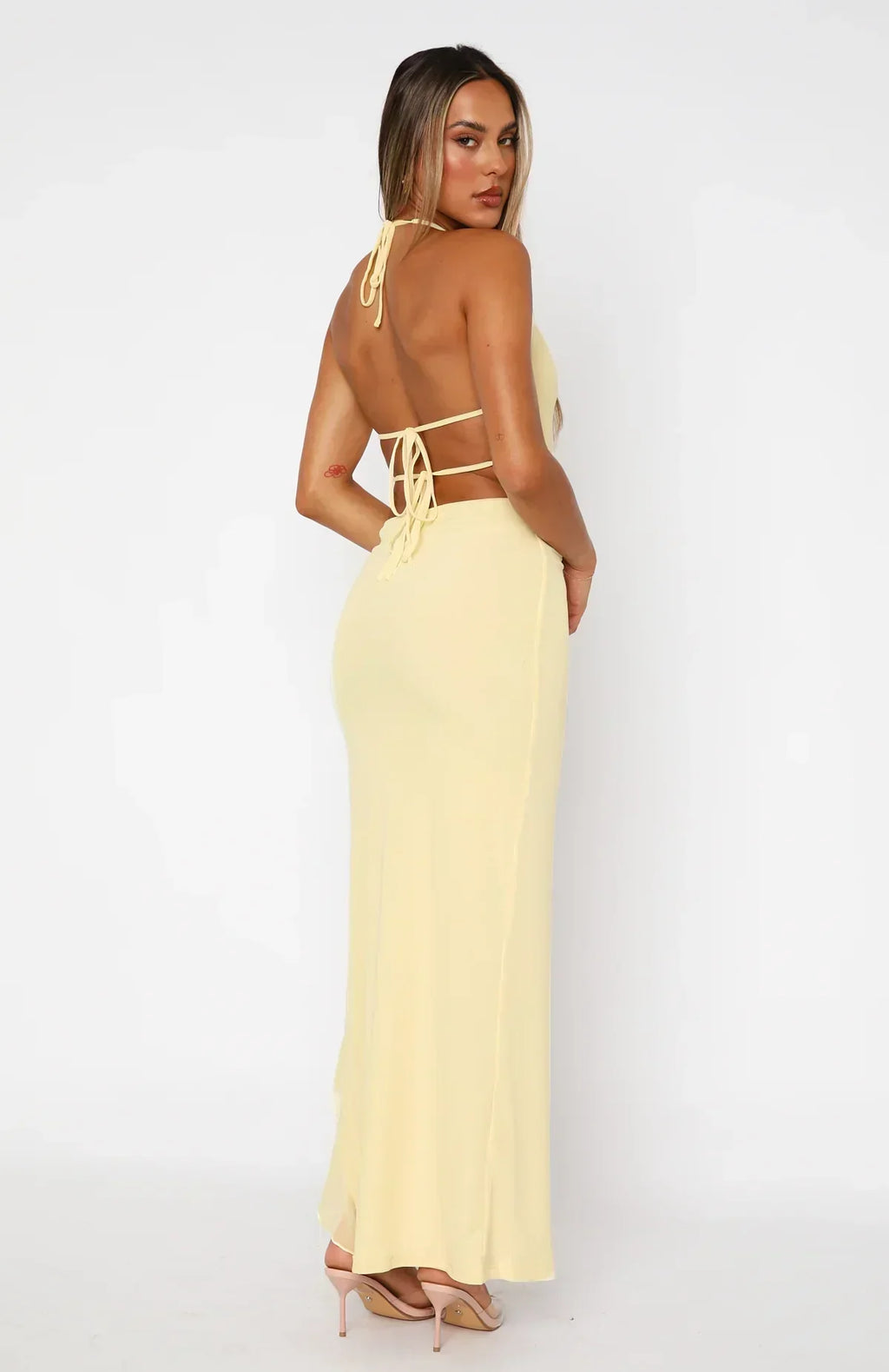 Plunge Neck Ruffled Maxi Dress with Thigh-High Slit for Evening Wear